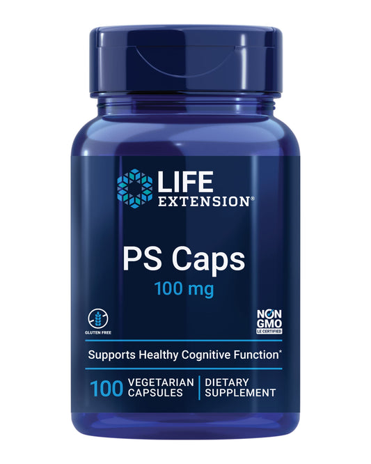 Life Extension PS Caps bottle shows packaging with potential cognitive support.