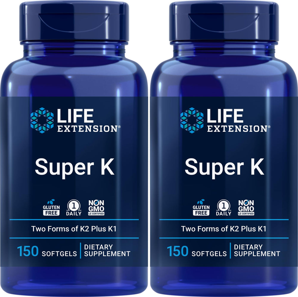 Life Extension Super K bottle front view, convenient daily softgel.