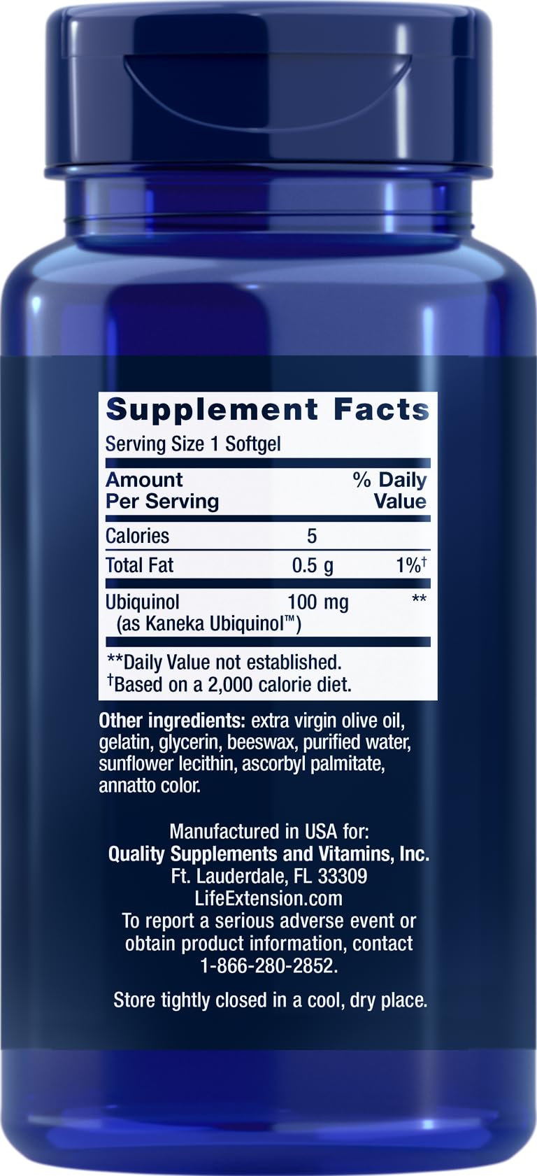 Back view of Life Extension Super Ubiquinol CoQ10 highlighting purity and potency