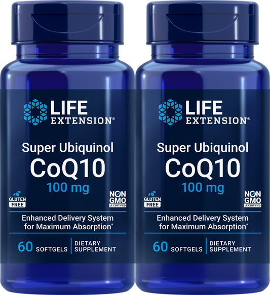 Life Extension Super Ubiquinol CoQ10 bottle front with two-pack packaging for energy support