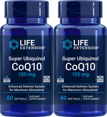 Life Extension Super Ubiquinol CoQ10 bottle front with two-pack packaging for energy support