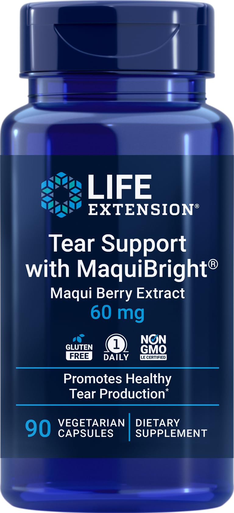 Life Extension Tear Support MaquiBright bottle promotes healthy tear production for day-long comfort.