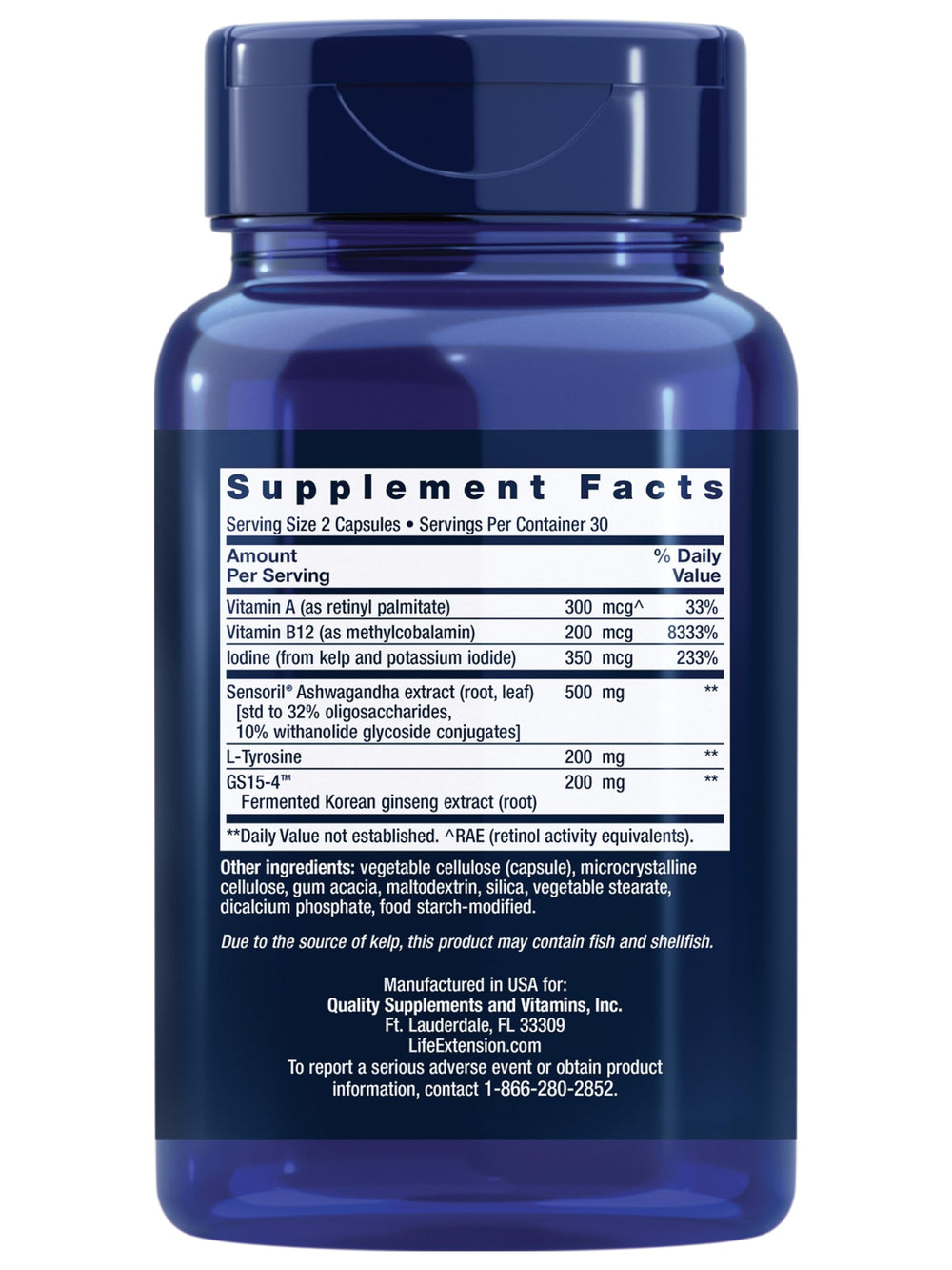 Life Extension Thyroid Support Complex bottle back label highlights ingredients and dosage.