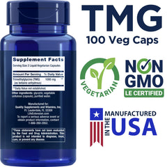 Life Extension TMG capsules close-up highlighting vegetarian capsules for daily support.