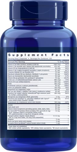 Life Extension Two-Per-Day bottle back, clear ingredient details.