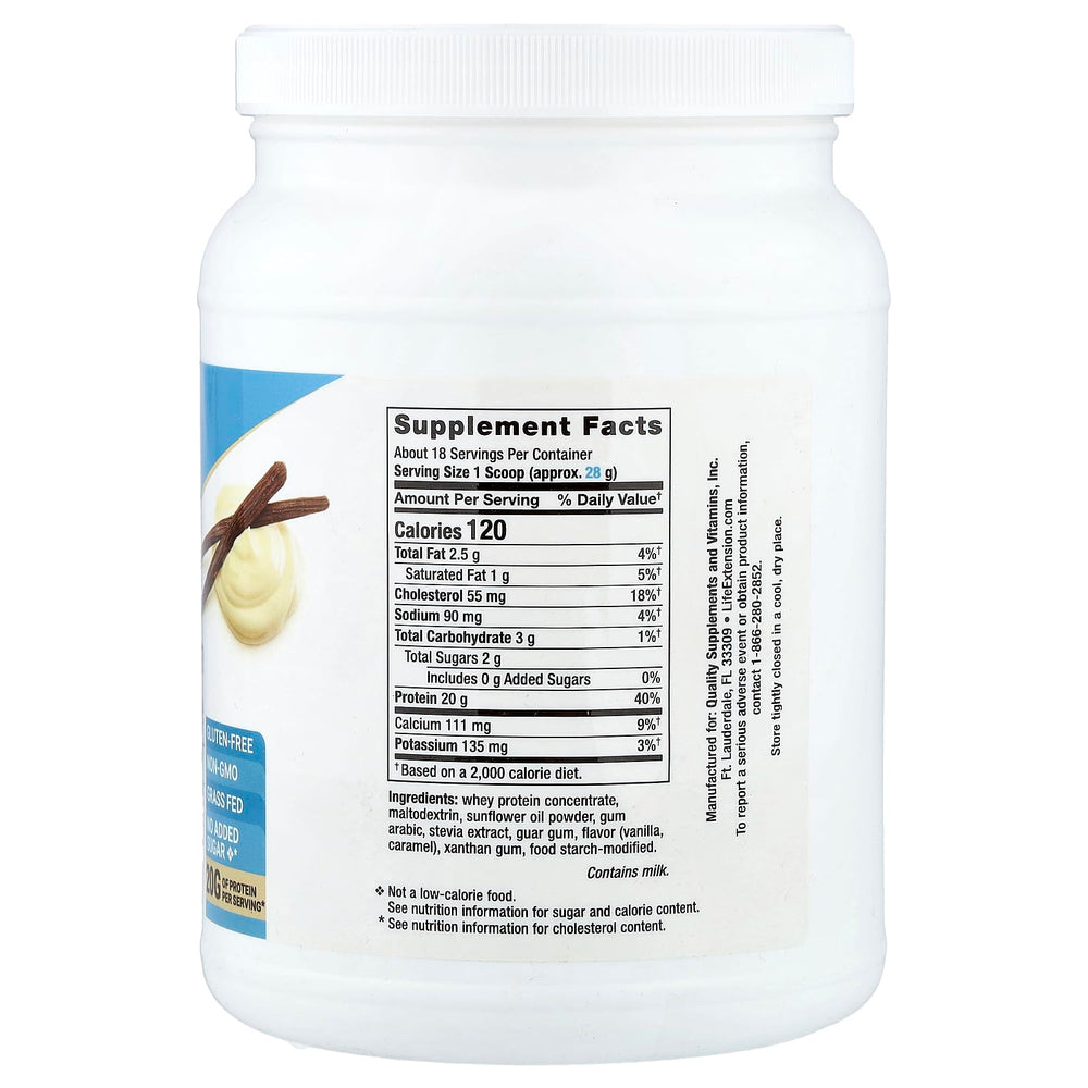 Life Extension Wellness Code Whey Protein Vanilla scoop showing 20g protein per serving