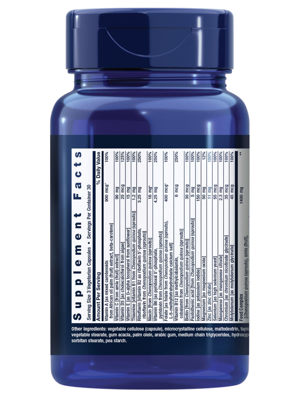 Life Extension Whole Food Multivitamin bottle nutrition label and ingredients visible