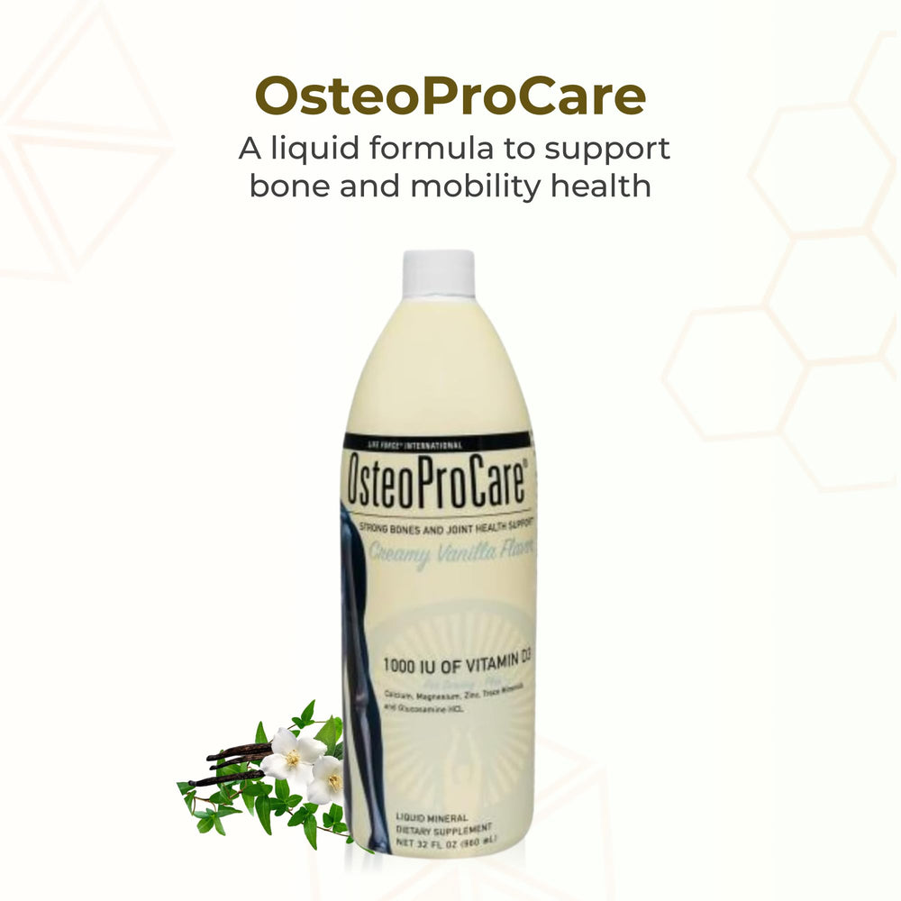 Life Force OsteoProCare Bone Juice being poured into a glass for daily use.