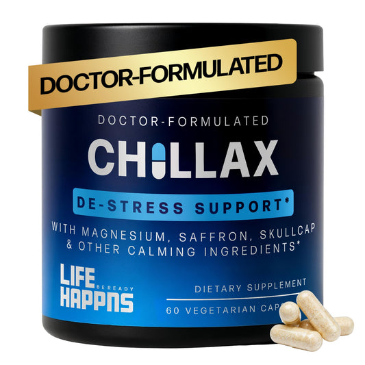 Life Happns Chillax bottle front—non-drowsy mood support.