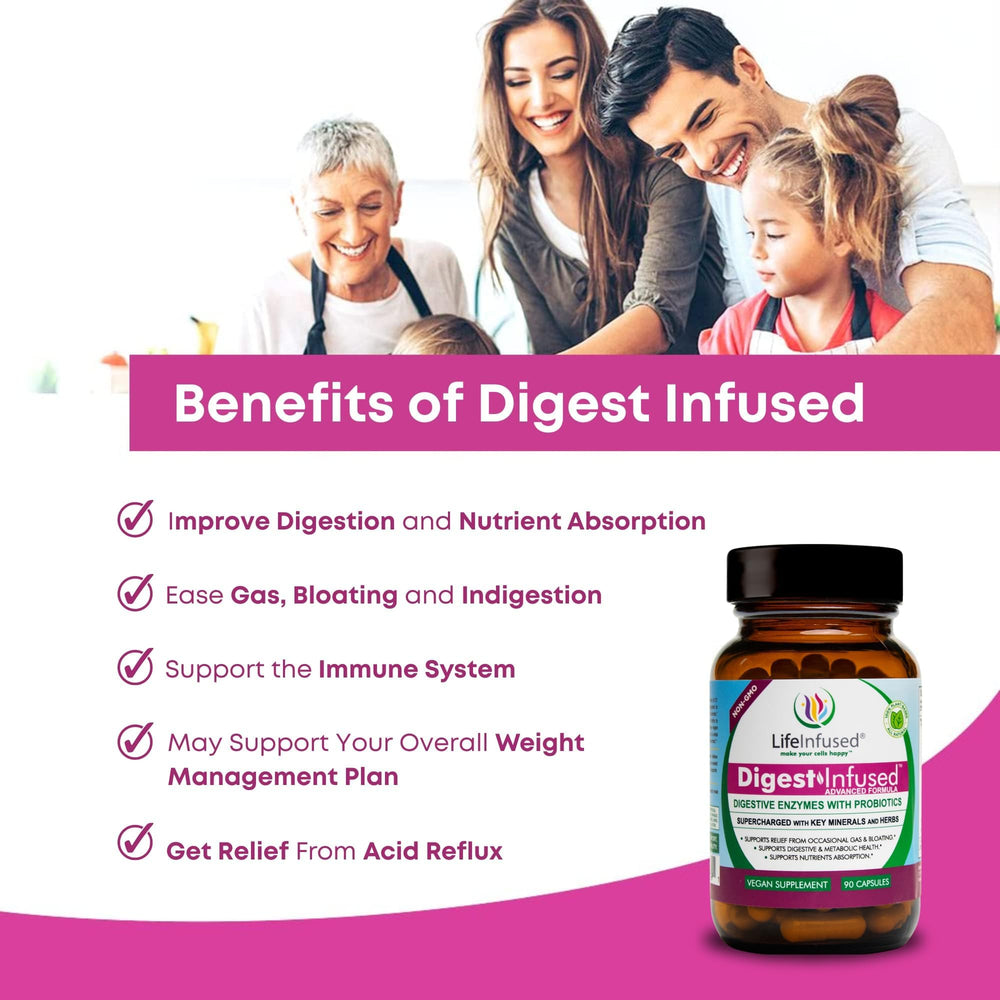 Life Infused Digestive Enzymes capsules ready for post-meal comfort