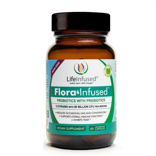 Life Infused Flora Infused Probiotics bottle close-up supports daily gut balance.