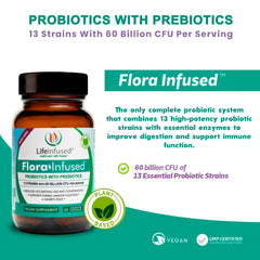 Life Infused Flora Infused Probiotics capsules in bottle ready for daily digestive support.