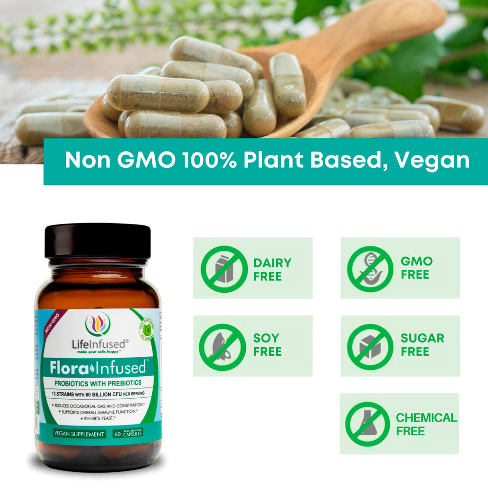 Life Infused Flora Infused Probiotics capsules with prebiotic enzyme blend aiding digestion.