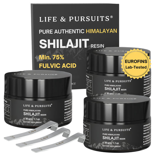 Life & Pursuits Shilajit resin bottle in amber hue for daily energy support.