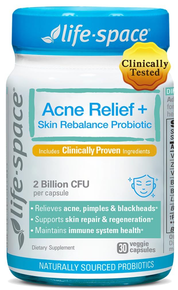 Life-Space Acne Relief bottle front highlighting skin balance benefits.