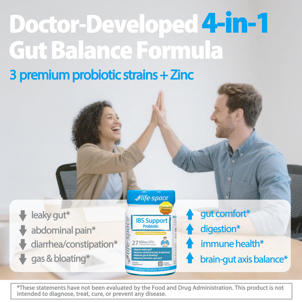 Life-Space IBS Support Probiotic box front highlighting the 4-in-1 formula.