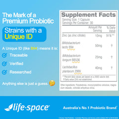 Life-Space IBS ingredient label highlights Lactobacillus plantarum 299V for gut support.