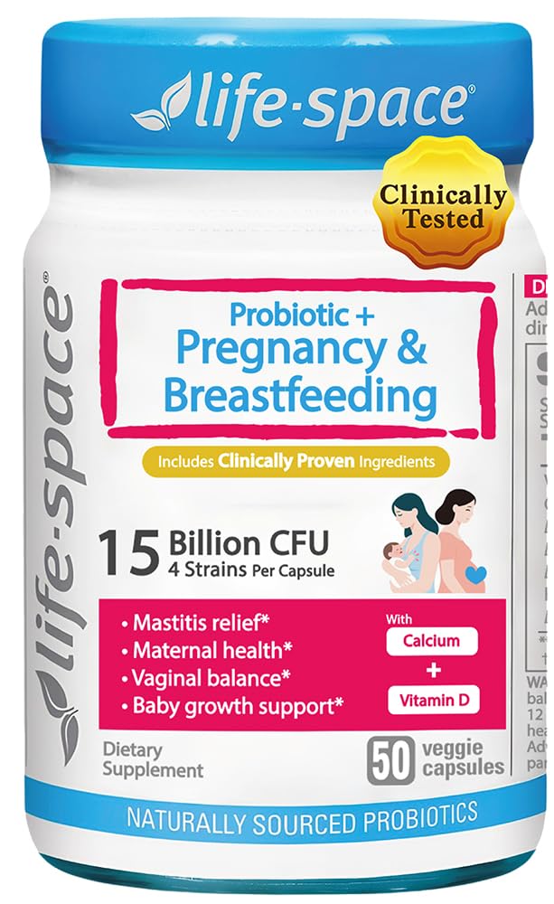 Life-Space Probiotic pregnancy bottle close-up showing mom and baby gut health focus.