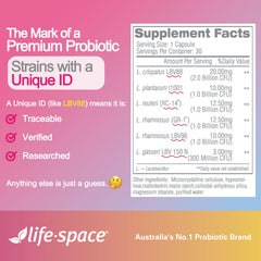 Life-Space Probiotic for Women capsules on white background implies potency of 6.3B CFU.