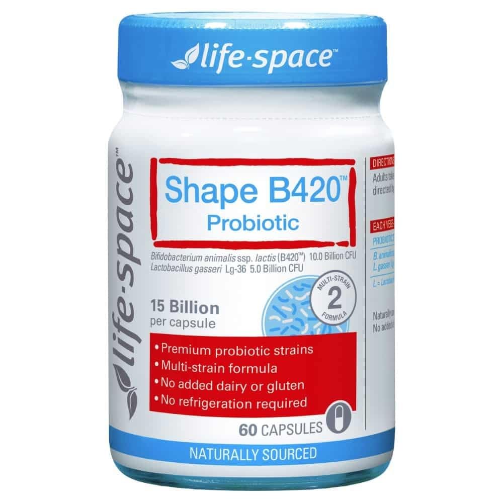 Life-Space Shape B420 probiotic bottle with 60 capsules supporting digestive comfort.