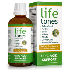 Life Tones Uric Acid Support bottle front showing herbal liquid for joint comfort.