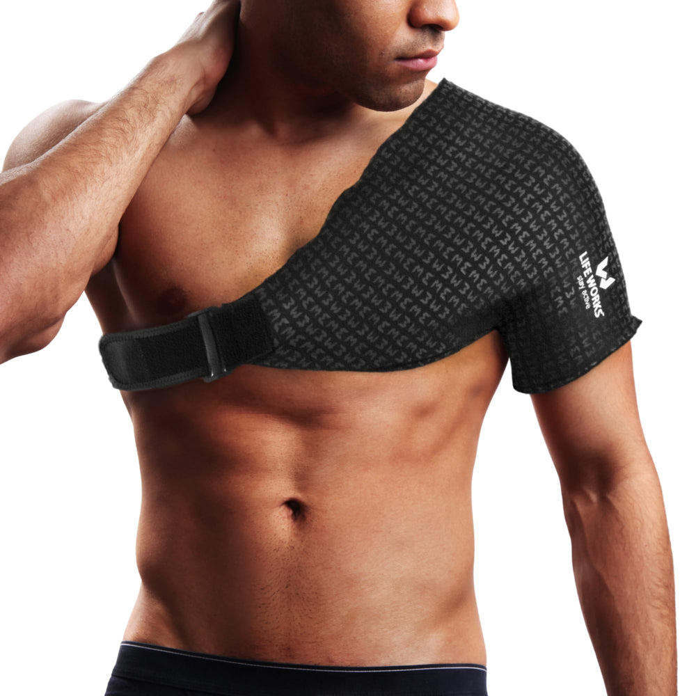LIFE WORKS Shoulder Ice Gel Pack in front view offering secure, adjustable cooling for the shoulder.