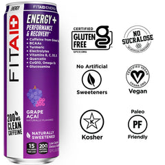 LIFEAID FITAID Energy Grape Açai can label highlights vegan, gluten-free ingredients.