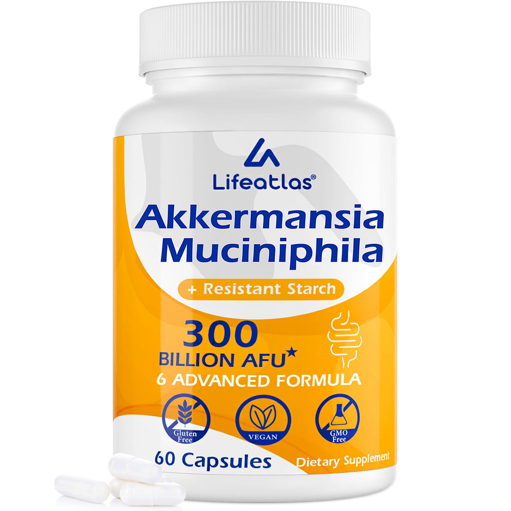 Lifeatlas Akkermansia probiotic bottle front view promotes daily gut health support.