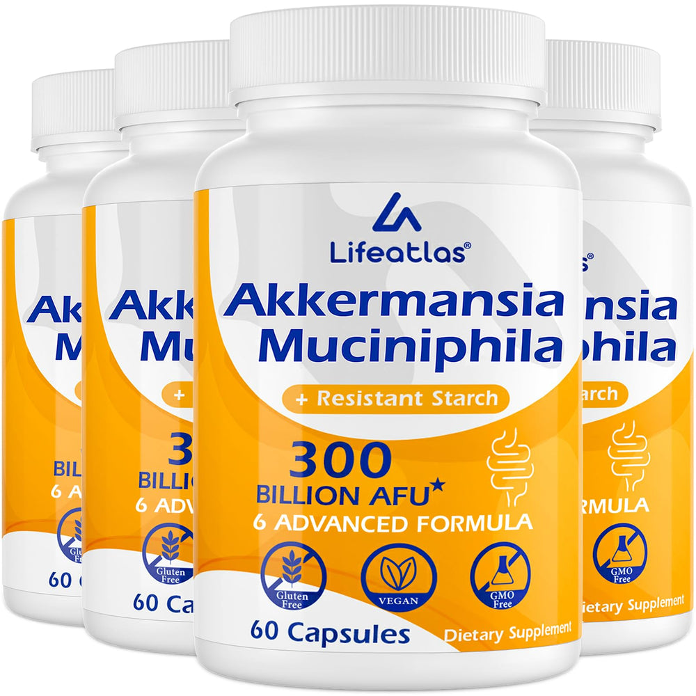 Lifeatlas Akkermansia bottle with pour spout supports easy daily probiotic use.
