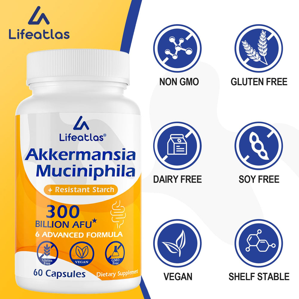 Lifeatlas Akkermansia label close-up highlighting 300B AFU potency