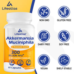 Lifeatlas Akkermansia packaging details emphasize shelf-stable vegan probiotic.