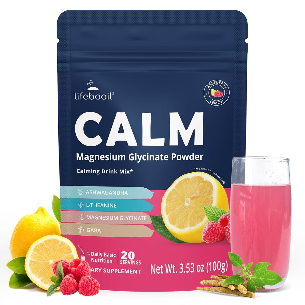 Lifebooil Calm Magnesium powder tub label, showcasing branding and sugar-free option