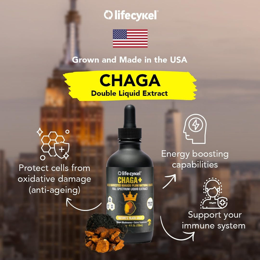 Life Cykel chaga Kakadu Plum tincture bottle with label