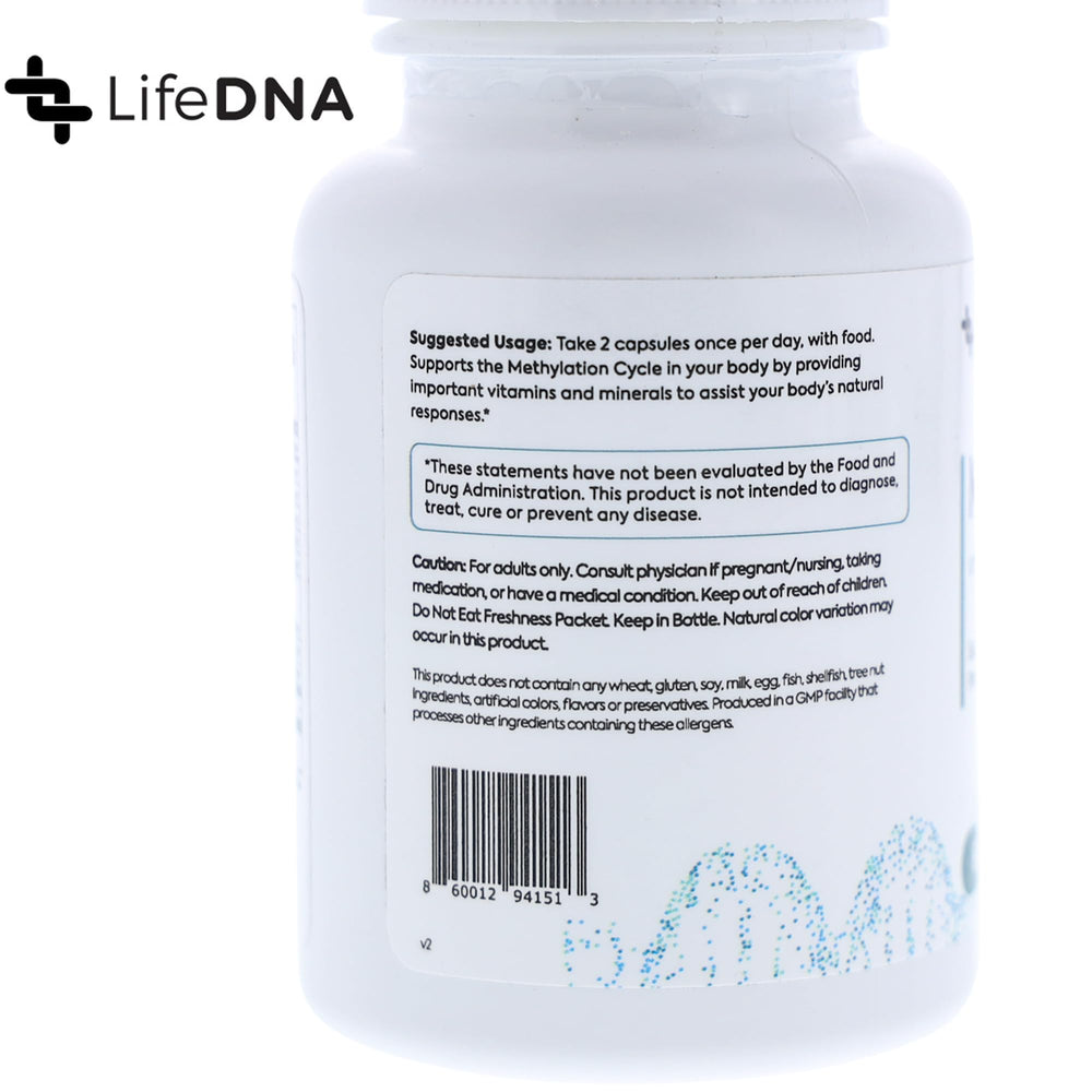 LIFEDNA Methyl+ bottle label close-up showcasing the nine-key nutrient blend for methylation support.