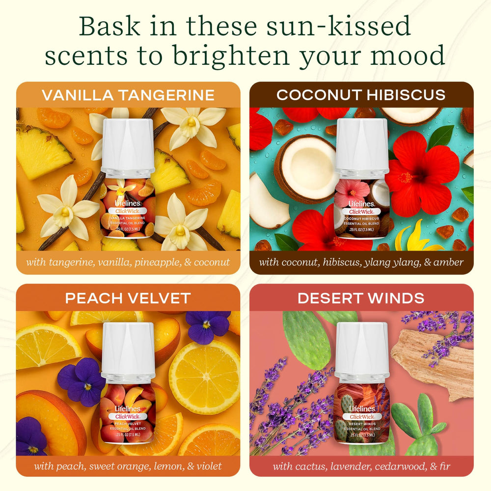 Lifelines ClickWick Sun-Kissed Escape vanilla tangerine bottle offers comforting citrus aroma
