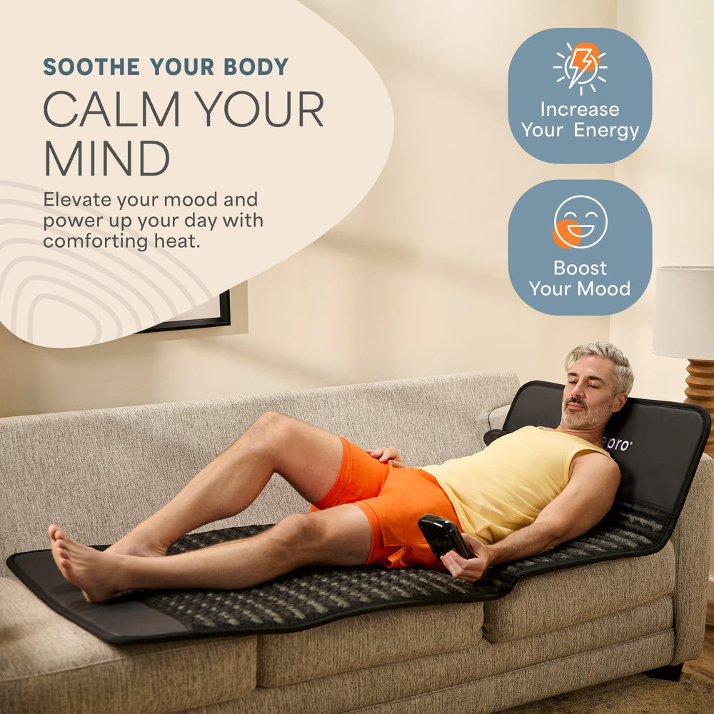 LifePro infrared mat resting on lap for mood boost and focus.