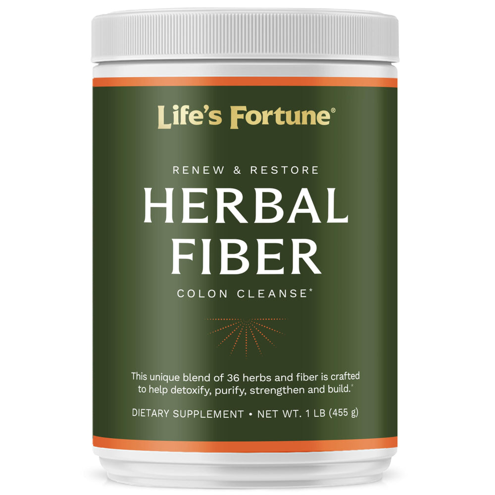 Life's Fortune Herbal Fiber Powder tub label highlights the 36-herb blend for digestive wellness.