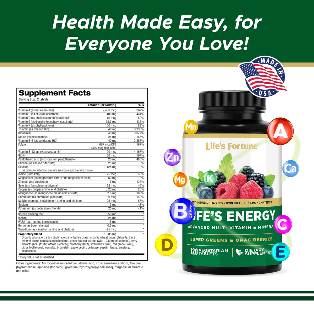 Life's Energy label close-up noting iron-free and vegetarian features
