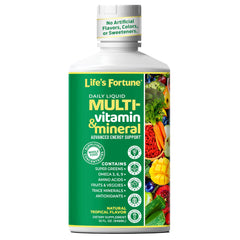 Life's Fortune liquid multivitamin bottle showing tropical flavor and bottle labeling for daily use