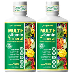 Life's Fortune liquid multivitamin bottle promotes daily energy support with high absorption.