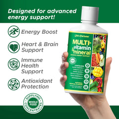 Life's Fortune liquid multivitamin pour demonstrates quick mixing for on the go nutrition.