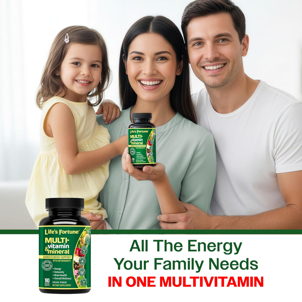 Life's Fortune multivitamin bottle on kitchen counter ready for daily use.