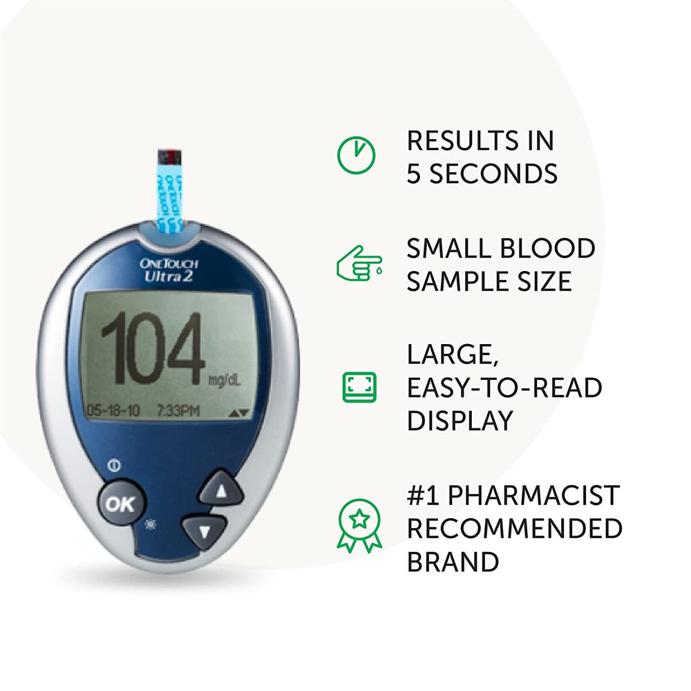 Lifescan OneTouch Ultra 2 kit contents laid out, including carrying case for travel.