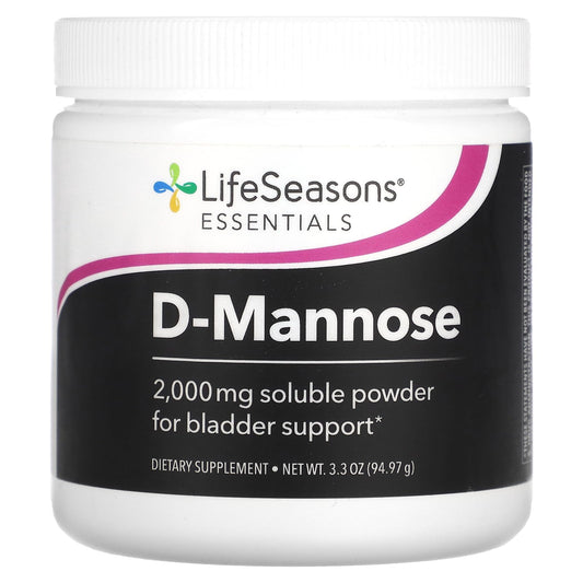 LifeSeasons D-Mannose powder bottle supports urinary tract health and microflora balance.