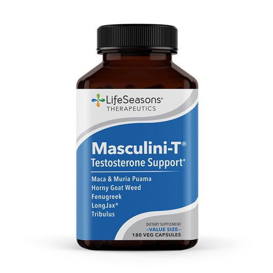 LifeSeasons Masculini-T bottle label highlighting daily vitality and wellness.