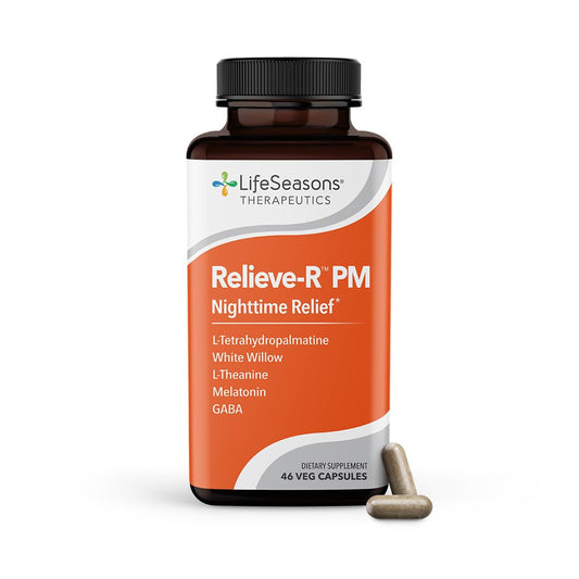 LifeSeasons Relieve-R PM bottle closed, promoting nighttime relaxation and rest.