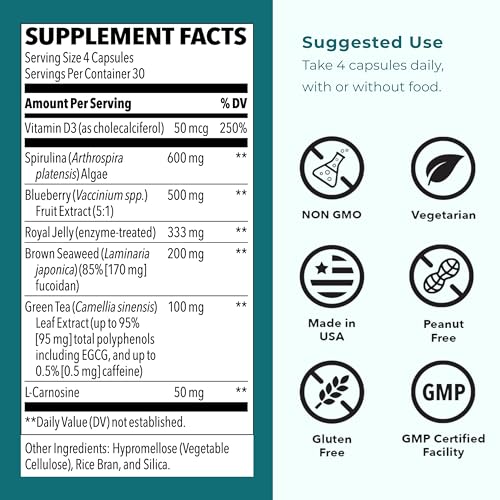 Capsules enriched with spirulina and blueberry for antioxidant support.