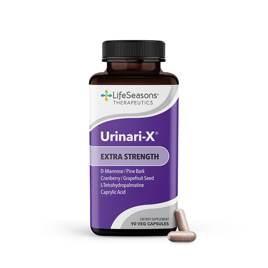 LifeSeasons Urinari-X Extra Strength bottle showing 90 capsules for urinary support.