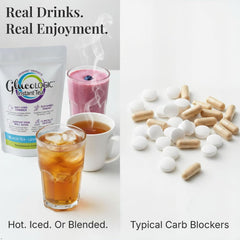 LifeSense GlucoLogic prebiotic inulin fiber visible near tea to support gut health.
