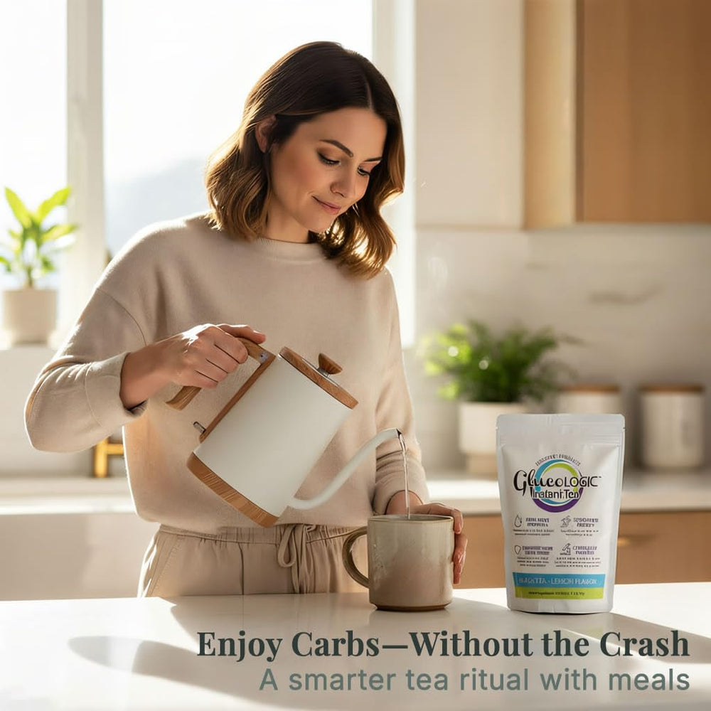 LifeSense GlucoLogic white mulberry leaf extract powder closeup indicating metabolic support.